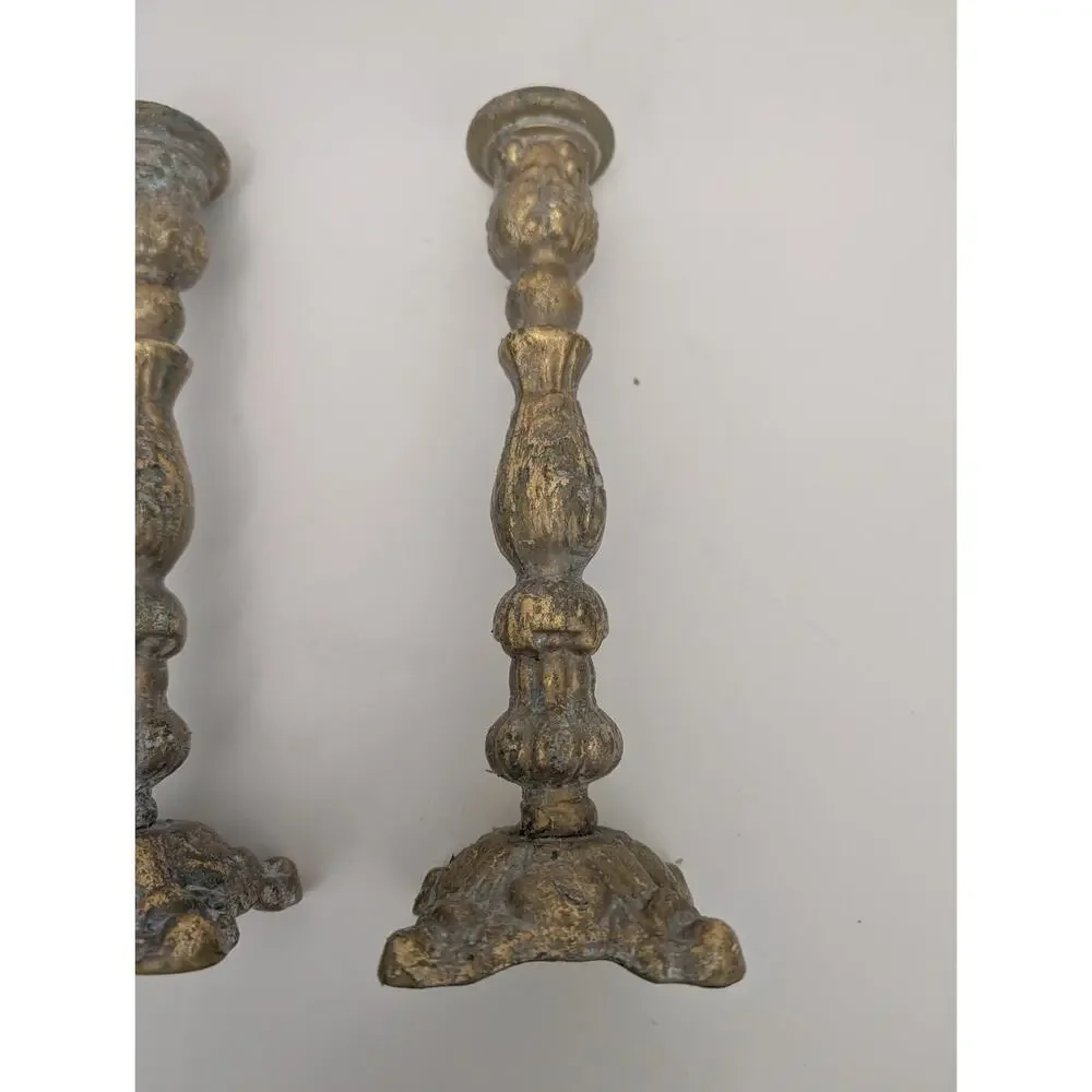 Baroque Rococo Candlestick Candle Holder Pair Brass Verdigris 8.5
